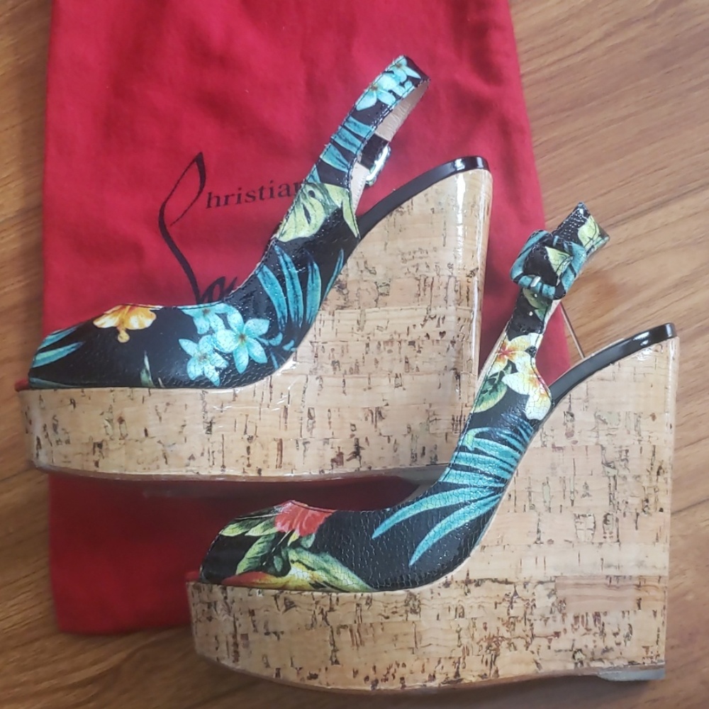 Christian Louboutin Black Floral Cork Wedge Sandals - Picture 8 of 8
